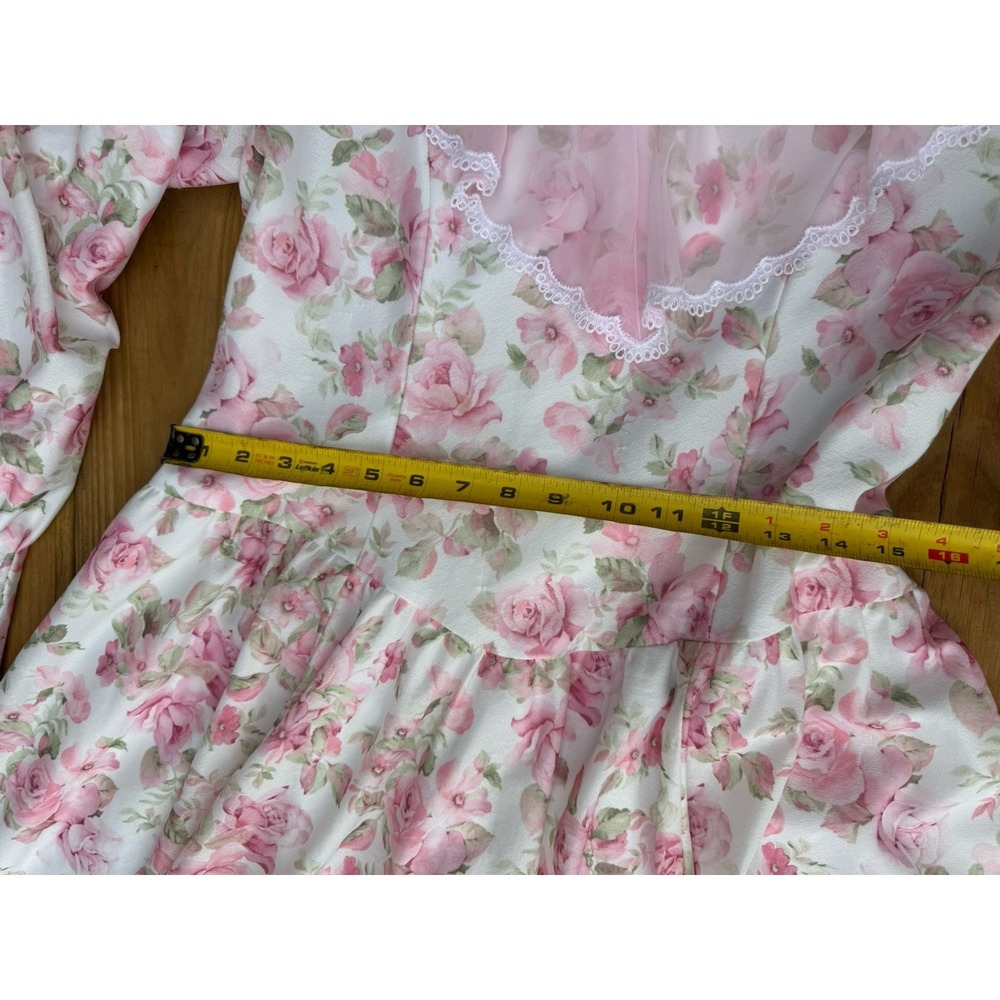 Vintage Hand Made 70s Pink Floral Prairie Maxi Long Sleeve Lace Trim Size 2/4 - Picture 7 of 8